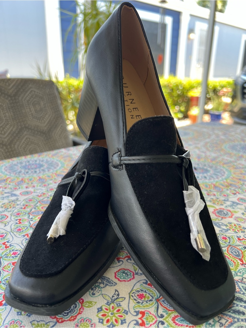 New women’s Black Tassel Loafers block heel slip in shoes size 6.5 suede upper